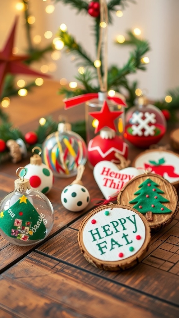 A variety of DIY Christmas ornaments including painted glass, felt shapes, and wooden slices on a wooden table.